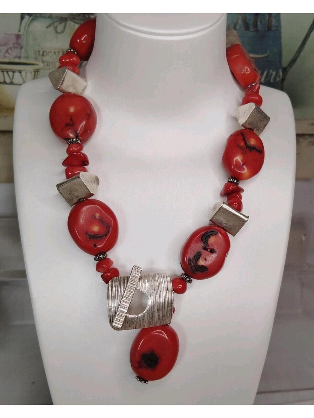 Vintage Chunky Red Coral Silver Tone Front Closure Statement Necklace